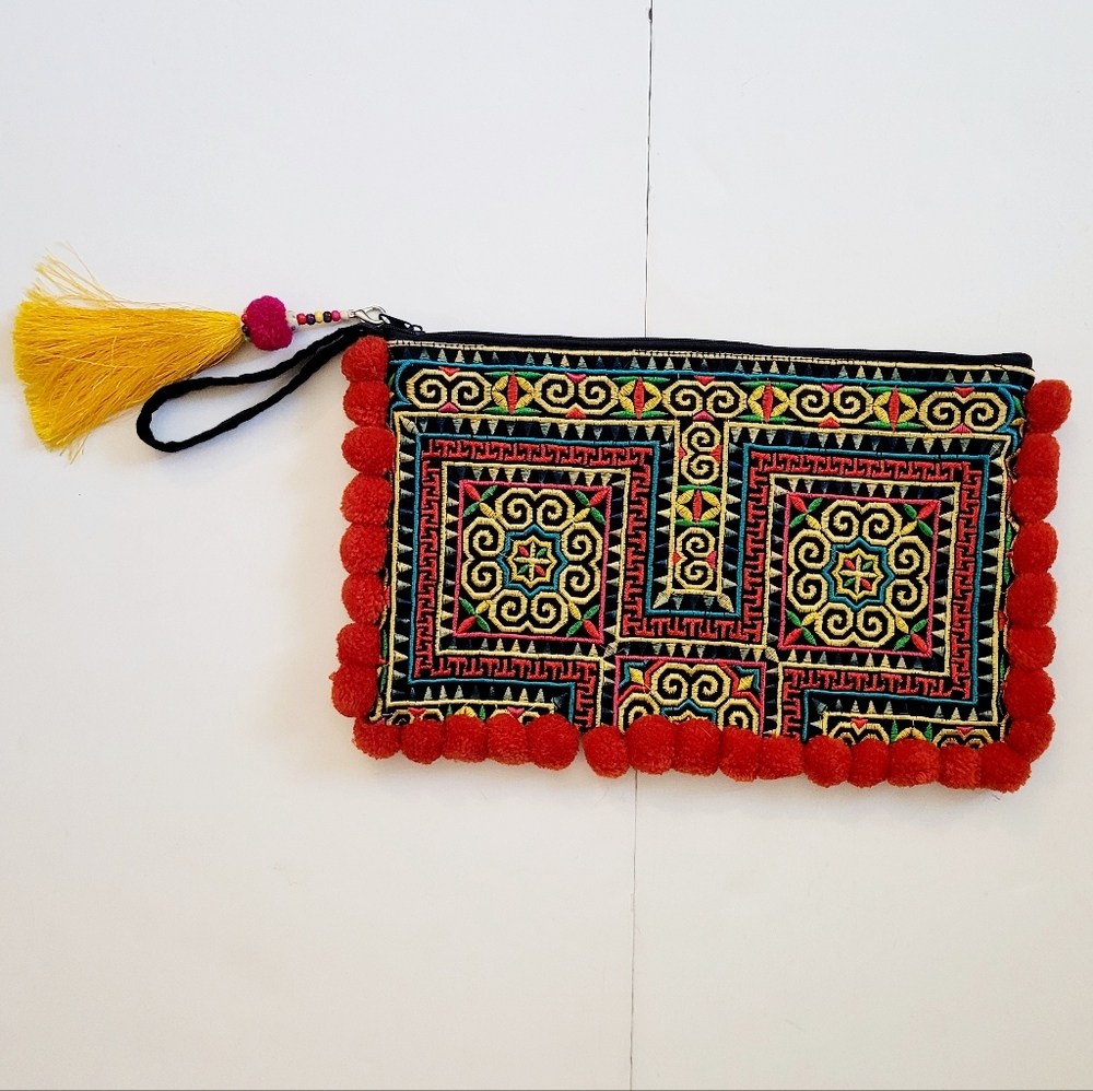 NWOT Embroidered Pouch w/Red + Yellow Accents